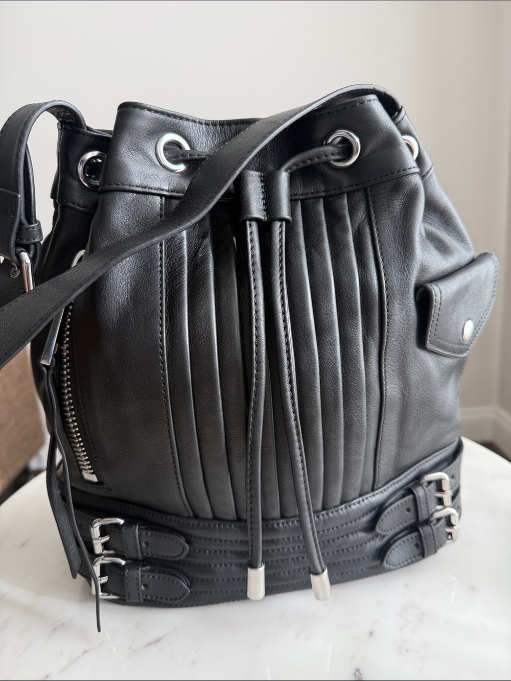 Linea Pelle Black Leather Bucket Shoulder Bag with Drawstring